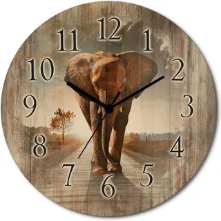 ARTland Holz Wanduhr Funkuhr - schwarzer Zeiger Ein Elefant läuft auf der Straße Größe: 30x30 cm - Braun