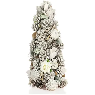 COM-FOUR® Deko-Weihnachtsbaum, Schmuckbaum mit Zapfen und Stoffrosen, tolle Tischdeko, optimal für die Adventszeit, ergänzt Kränze und Girlanden (Baum)