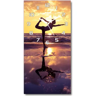 Wanduhr aus Glas – 30x60 cm - Glasbild - Glasuhr - Gehärtetes Glas -Yoga am Strand - Gelb