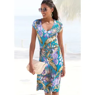 LASCANA Sommerkleid "mit V-Ausschnitt im Alloverdruck, Jerseykleid" Ohne Taschen T-Shirtkleid aus Jersey, leichtes Strandkleid, Viskosekleid, blau, flieder, grün bedruckt