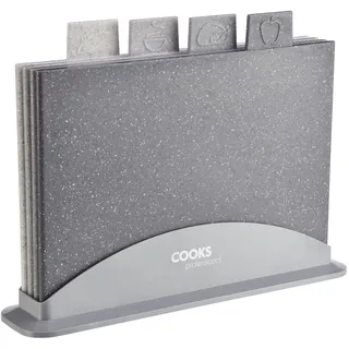 Cooks Professional Schneidebrett-Set im Index-Design | 4 Kunststoff-Schneidebretter mit Aufbewahrungsbox | Farbcodiert | Granit-Effekt | Spülmaschinenfest