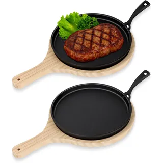2er Set Gusseisen Pfannen Set Gusseisens Fajita Pfanne mit Holzuntersetzer Anti Verbrüh Schutz Runde Grillpfanne Gusseisen Servierpfanne Antihaft Bratpfanne für Küche Restaurant Grill (25 x 38 cm)