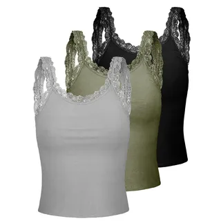 3 Stück Spitzen Trägerhemden Y2K Camisole Tank Tops Damen Ärmellose Spitzen Unterhemden (Grau, Armeegrün, Schwarz, M)