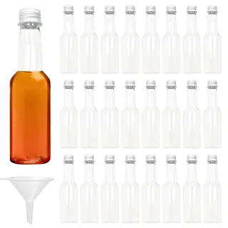 24 Stk Mini Fläschchen, 100ml Fläschchen Plastik, Leere Kleine Schnapsflaschen mit Trichter, Miniaturflaschen mit Deckel, Alkoholflaschen Saucenflaschen für Hochzeiten Partys (Silber Deckel)