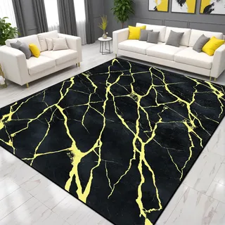 Alishomtll Teppich Wohnzimmer Schlafzimmer Waschbar Kaschmirimitat Anti-Rutsch TPR Unterseite Langlebig Robuster Polyester Teppich Rechteckig Pflegeleicht, Marmor Schwarz Gelb 120x170cm