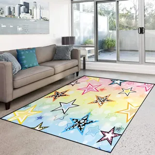 HOSIMA Teppich, Weiche Bodenmatte, Regenbogen-Stern-Druck, Rutschfeste Schlafzimmer Matte, Kurzflor Flauschige Matte, Waschbar, 150x200 cm, Stern