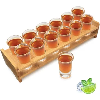 Schnapsglas-Set, Cocktailhalter und Schnapsglas, Getränke-Servierbrett, Organizer, 12 Löcher, mit klarem Kristallglas, 12 Stück, 30 ml, für Likör, Schnaps, Wodka, Rum, zu Hause, Party, Bar