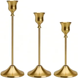 Kerzenständer Gold Bronze Vintage 3er Set – Minimalistischer Kerzenhalter Stabkerze aus Metall – Dekorativer Stabkerzenhalter für Hochzeit & Tafel – Elegante Alternative zu Kerzenhalter Adventskranz