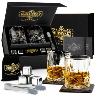 WHISISKEY Whisky Gläser Set - Whiskey Geschenkset Glas - Whiskygläser - Geschenke für Männer - Männergeschenke - Geburtstagsgeschenk Mann - Geschenkbox, 2 Rum Gläser x 310ML, 4 Whiskey Steine