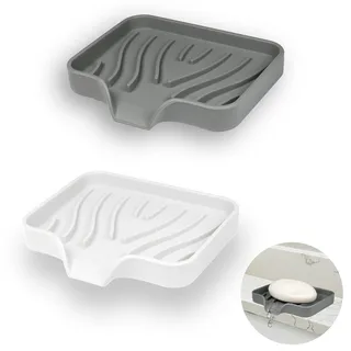YoHyien 2 Stück Silikon Seifenschale mit Ablauf, Seifenschale Dusche, Seifenhalter Badewanne, Seifenablage Waschbecken, Seifenschalen für Badezimmer, Küche & Zähler (Weiß + Grau)