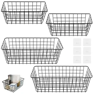CHUENKUK 4 Stück Drahtkorb, 28 x 12 x 12 cm und 38,5 x 15,5 x 14 cm Gitterkorb Metall Schwarz, Draht Aufbewahrungskorb Metallkorb für Küche, Bad, Speisekammer, Büro