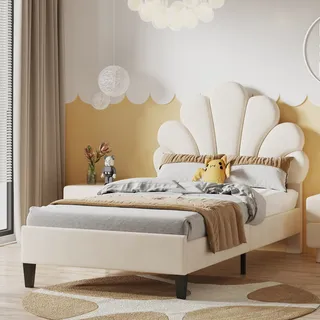 Flieks Polsterbett 90x200cm Samt mit Blumenform-Kopfteil und Lattenrost Einzelbett Kinderbett für Damen Kinder Jugend - Beige