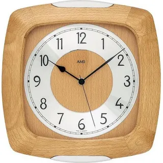 AMS 5804/18 Wanduhr Funk Funkwanduhr analog Holz Buche massiv mit Glas - Braun, Silber