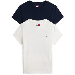 Tommy Hilfiger Tommy Jeans Damen, 2er Pack T-Shirts Kurzarm mit Rundhalsausschnitt, Mehrfarbig (Ecru/Dark night navy), S