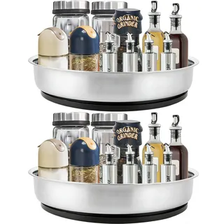 LOLYSIC 2 Stück Drehteller Organizer Küche, 25,5cm Edelstahl Gewürzregal Drehbar, 360° Lazy Susan für Kühlschrank, Vorratsschrank & Arbeitsplatte, Silber