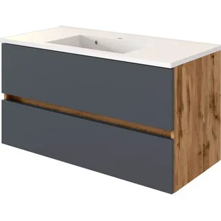 Waschtisch mit Mineralgussbecken 100 cm LOUROSA-03 in Wotaneiche Nb. mit matt grau, B/H/T: ca. 100/56/47 cm - Braun