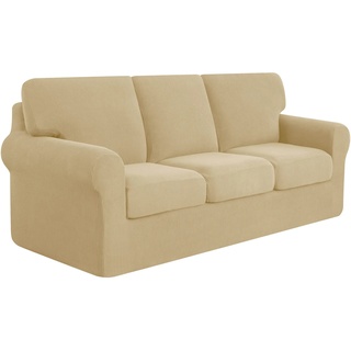 subrtex Stretch Sofabezug Sofaüberwurf mit Armlehne, 3- Sitzer Sofahbezug Sofahusse mit separaten Sitzkissenzügen und Rückenlehnenbezügen (3-Sitzer,Khaki)