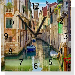 Wallario Design Wanduhr Urlaub in Venedig Kanal zwischen bunten Häusern aus Aluverbund, Größe 30 x 30 cm - Braun
