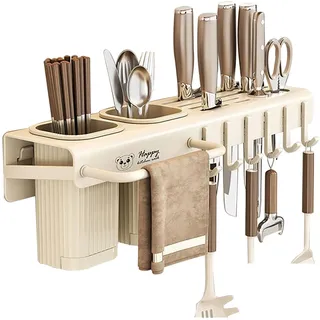 RETSAMV Küchenregal Wand ohne Bohren 30/40cm Wandregal Küche mit Besteckhalter Messerhalter Handtuchhalter Gewürzregal Hängend Organizer aus Karbonstahl (White 40cm)