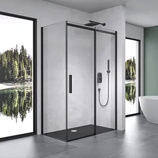 Mai & Mai Duschkabine mit Duschtasse Duschabtrennung Schwarz 90x120cm | Eck-Dusche mit Schiebetür 8mm Sicherheitsglas mit NANO Ravenna18K