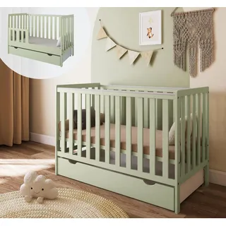 ZEE BAMBI Mint Babybett 120x60 cm 2in1 mit Schublade & Schutzbarriere Klassisches Gitterbett 3-Fach Höhenverstellbar Kinderbett mit Beißschutz - Türkis