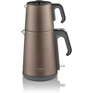 Arzum Teemaschinen, Elektrischer Türkischer Teekocher, 1650W Leistung, 1,2L Teekanne, 1,8L Wasserkocher, Edelstahl, Warmhaltefunktion, Trockengehschutz, Kabellose Nutzung, Braun