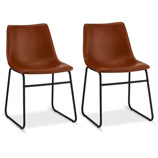 Ibbe Design 2er Set Cognac Braun Kunstleder Esszimmerstühle Vintage Lounge Industrial Küchenstühle Abel, Schwarz Metallgestell, 46x54x78 cm