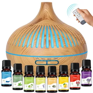 GeeRic Aroma Diffuser + 8 * 10 ml ätherische Öle, 550ML Luftbefeuchter Ultraschall Vernebler,Raumbefeuchter Aromatherapie Öle Duftlampe mit 7 Farben LED Helles