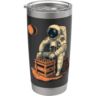 Vintage Astronaut spielt Schach Retro Sci Fi Illustration Doppelwandiger Edelstahl-Thermobecher