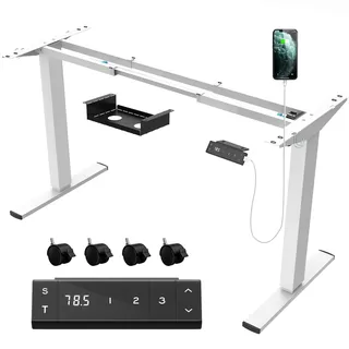 JUMMICO Höhenverstellbarer Schreibtisch Gestell mit USB-Buchse und Kabelwanne, Elektrisch Stufenlos Höhenverstellbar Ttischgestell mit Rollen,Steh Schreibtisch Stehpult(Weiß)