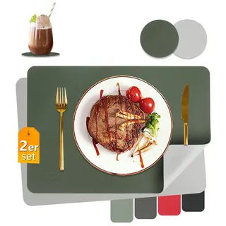HELI MIAO Tischsets Abwaschbar,Platzsets Abwischbar,Tischset Leder,Hitzebeständig Doppelseitigen I 2er Set Platzdeckchen Lederoptik mit Untersetzer,Tischuntersetzer,Platzdecken(Olivgrün Grau)