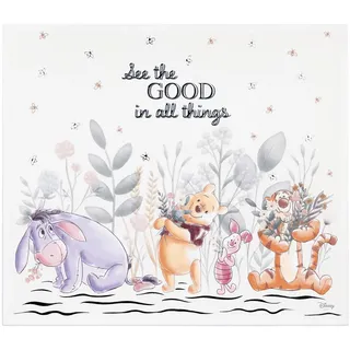 VALENTI & CO. - Disney Winnie Puuh - Bedrucktes Holzbild 38 x 33 cm mit Details in Silber - Wanddekoration, Geschenkidee für Neugeborene oder Taufe für Kinderzimmer