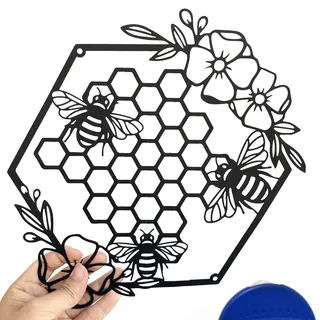 Yuzhuo Metall Biene Wandkunst Bauernhaus Honigbienen und Bienenstöcke mit Blumen Metall Wanddekor hängend für Wohnzimmer Garten Schlafzimmer Büro Hauswand (Schwarz)