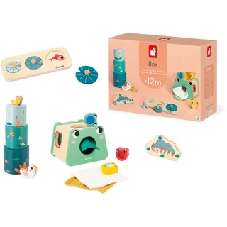 Janod - Baby-Spielbox 1 Jahr - Lernspielzeuge inkl. Puzzle zur Förderung der Motorik - Sensorisches Babyspiel - Frühförderung von Babys - Formsortierer - Kinderspielzeug ab 1 Jahr - J04063