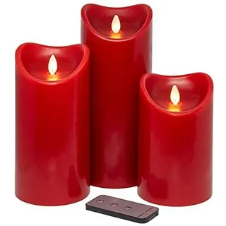 Tronje LED Echtwachskerzen 3er Set mit Timer Fernbedienung Kerzen bewegliche Flamme - rot - 15cm, 19cm, 23cm