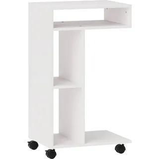 Fortuna Lai Beistelltisch Couchtisch mit Rollen, Schreibtisch mit 4 Regalen, Sofatisch Laptoptisch, Betttisch, für Esszimmer Wohnzimmer, Weiß - Weiß