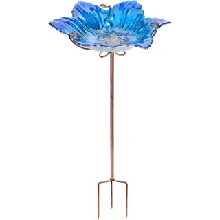 MUMTOP Vogeltränke für den Außenbereich, Glas-Vogeltränke, Schüssel, Outdoor-Vogelfutterstation mit Blumenmuster mit Metallpfahl für Garten, Hof und Rasen, Dekoration (blau)