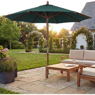 Gastronomie Holz-Sonnenschirm HWC-C57b, Gartenschirm, Polyester/Holz 14kg, rund Ø3m Seilzug stoßsicher dunkelgrün - Grün