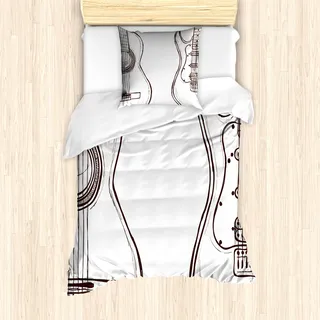 ABAKUHAUS Gitarre Bettbezug Set für Einzelbetten, Gekritzel-Art-Instrumente, Milbensicher Allergiker geeignet mit Kissenbezug, Dunkelbraun Weiß - Weiß
