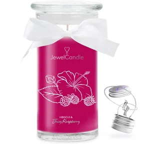 JuwelKerze Hibiscus & Juicy Raspberry Halskette Silber - Schmuckkerze 80 Std - große Duftkerze mit Fruchtigem Duft - rosa Kerze mit Schmuck Überraschung - Geschenke für Frauen, Geburtstag