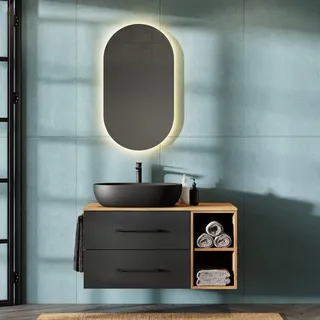Planetmöbel Waschtischunterschrank LUX 100 cm Gold Eiche / Anthrazit mit Waschbecken Schwarz