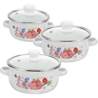 LIFKOME Emaille Suppentopf Mit Doppelgriffen 3-Teiliges Set Mini Kochtopf Für Küche Und Suppe Mit Vintage Blumenmuster 8 Zoll