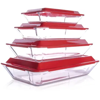 HUSANMP Set 8 teiliges Temperiert Glas Auflaufform mit Deckel, Rechteckig Glas Backformen Set Ofenform aus Glas für Ofen, Gefrierschrank und Spülmaschinenfest (1L+1.5L+2.5L+3.8L)