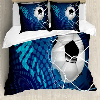 ABAKUHAUS Fußball Bettbezug, Zusammenfassung Ziel Muster, Milbensicher Allergiker geeignet mit Kissenbezügen, 200 cm x 200 cm - 80 x 80 cm, Blau Schwarz Weiß
