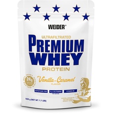 Weider Premium Whey Protein Pulver, unverschämt leckeres Eiweißpulver mit Whey Isolat für Muskelaufbau mit hohem Anteil an EAA, BCAA und freiem L-Glutamin, perfekte Löslichkeit, Vanilla-Karamel, 500g