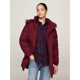Steppjacke TOMMY JEANS "TJW MIDI ALASKA FAUX FUR", Damen, Gr. S (36), rot (deep rouge), Web, Obermaterial: 100% Polyester. Futter: 100% Polyester, unifarben, normal hüftbedeckend, Bündchen mit Klettverschluss, Jacken Steppjacke, mit Fellimitat