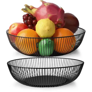 EXLECO 2er Metall Obstkorb Schwarze Obstschale mit Metallgrundplatte Metalldraht Obstaufbewahrungskorb Vintage Multifunktionaler Obstkorb aus Eisen Deko Drahtkorb (28 * 14.5 * 7cm)