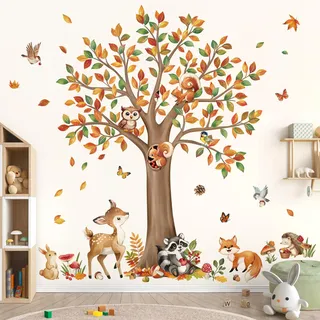 decalmile Wandtattoo Großer Baum Waldtiere Wandaufkleber Hirsche Hase Waschbär Wandsticker Babyzimmer Kinderzimmer Wohnzimmer Wanddeko
