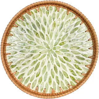 SAVOSWEET Rattan Serviertablett Rund, Dekotablett Boho, Rattan Tablett Rund 30 cm, Rundes Tablett Mosaik, Dekoratives Serviertablett für Getränke, Frühstück, Tee, Kerzen, Schmuck (Stil B)