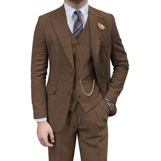 Retro-Herrenanzug, 3-teilig, Tweed, Fischgrätenmuster, schmale Passform, Anzüge für Bräutigam, Smoking-Set, Balljacke, Blazer, Weste, Hose für Herren, Braun, S